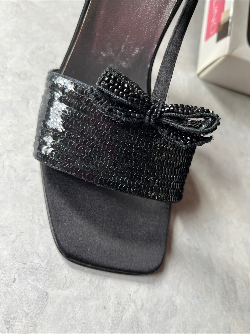 Badgley Mischka Black Sequin T-Strap Evening Sandals - Picture 7 of 8